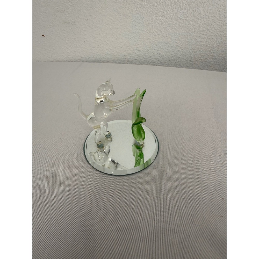 Vintage Hand Blown Glass Cat Figurine on Mirrored Base Clear and Green Art Glass